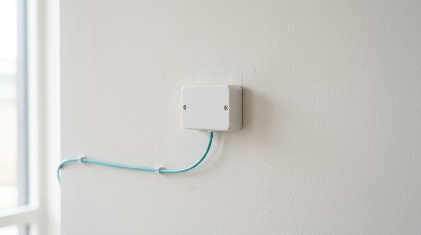Boîtier fibre au mur d'un salon belge relié à une box d'opérateur