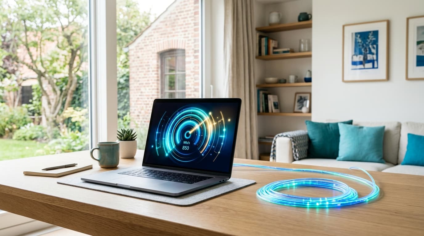 Mesure de débit affichée à côté d'un routeur fibre pour vérifier le débit réellement disponible pour la télé